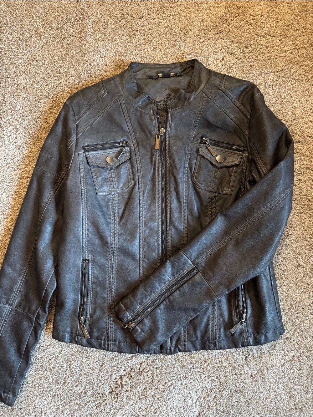 Jou Jou Black Faux Leather Moto Jacket with Snap Chest Pockets